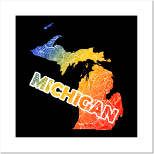 Colorful mandala art map of Michigan with text in blue, yellow, and red Posters and Art